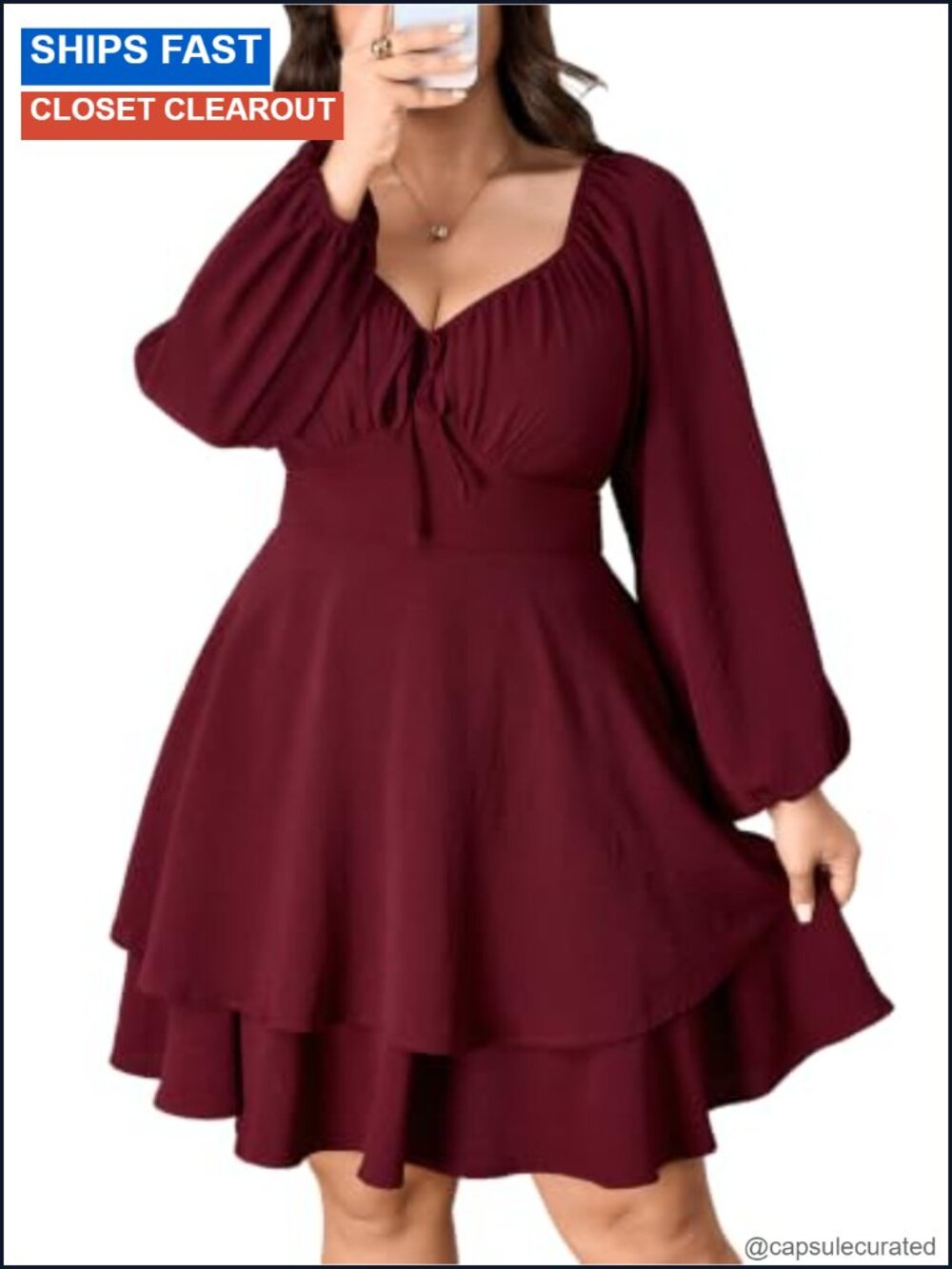 Women's Plus Size Long Sleeve Tiered Mini Dress Sweetheart Neck A-Line